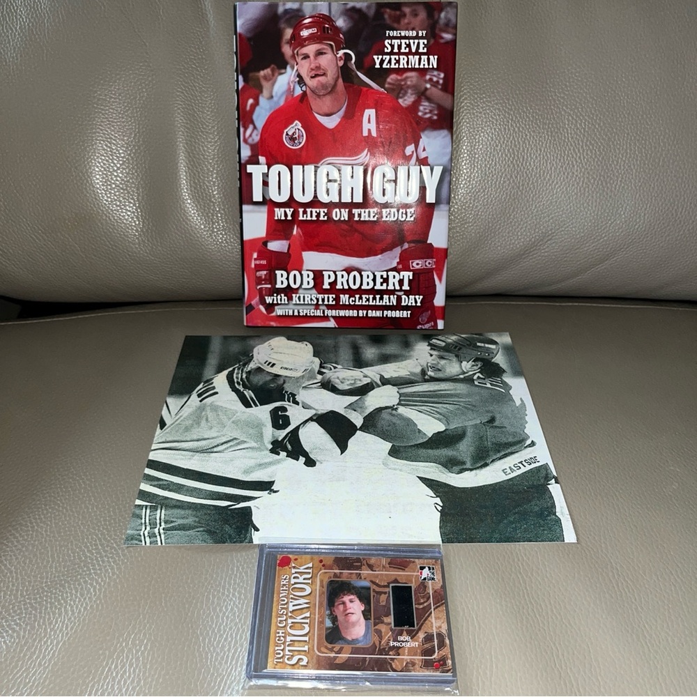 BOB PROBERT STICKWORK IN THE GAME CARD/TOUGH GUY BOOK/BRAWL PHOTO Memorabilia